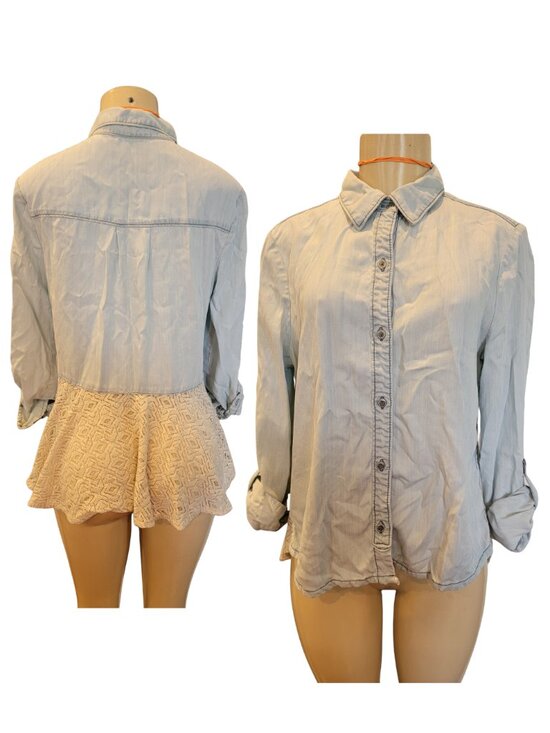 HOLDING HORSES Tops - Holding Horses for Anthropologie lace hem tencel denim shirt roll tab